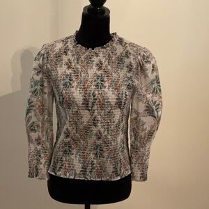 Veronica Beard Cream Smocked Puff Sleeve Blouse